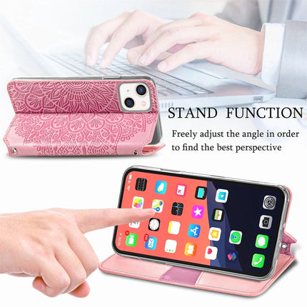 For iPhone 13 mini Blooming Mandala Embossed Pattern Magnetic Horizontal Flip Leather Case with Holder & Card Slots & Wallet(Pink)-garmade.com