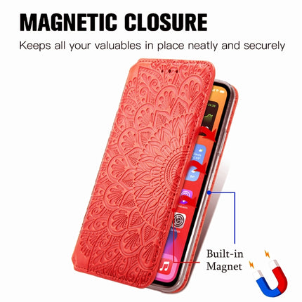 For iPhone 13 mini Blooming Mandala Embossed Pattern Magnetic Horizontal Flip Leather Case with Holder & Card Slots & Wallet(Red)-garmade.com