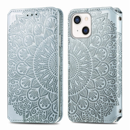 For iPhone 13 mini Blooming Mandala Embossed Pattern Magnetic Horizontal Flip Leather Case with Holder & Card Slots & Wallet(Grey)-garmade.com