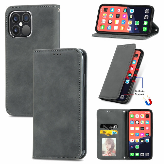 For iPhone 13 Pro Retro Skin Feel Business Magnetic Horizontal Flip Leather Case With Holder & Card Slots & Wallet & Photo Frame(Gray)-garmade.com