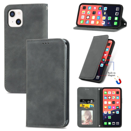 For iPhone 13 Retro Skin Feel Business Magnetic Horizontal Flip Leather Case With Holder & Card Slots & Wallet & Photo Frame(Gray)-garmade.com