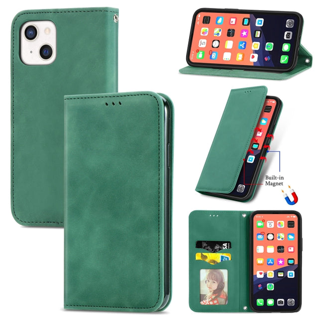 For iPhone 13 mini Retro Skin Feel Business Magnetic Horizontal Flip Leather Case With Holder & Card Slots & Wallet & Photo Frame(Green)-garmade.com