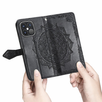 Mandala Flower Embossed Horizontal Flip Leather Case with Holder & Three Card Slots & Wallet & Lanyard For iPhone 13 Pro Max (Black)-garmade.com