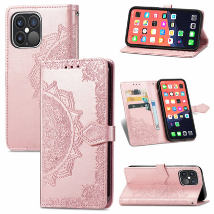 Mandala Flower Embossed Horizontal Flip Leather Case with Holder & Three Card Slots & Wallet & Lanyard For iPhone 13 Pro Max Rose Gold)-garmade.com