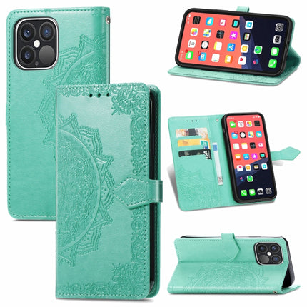 Mandala Flower Embossed Horizontal Flip Leather Case with Holder & Three Card Slots & Wallet & Lanyard For iPhone 13 Pro Max (Green)-garmade.com