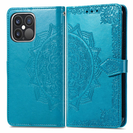 Mandala Flower Embossed Horizontal Flip Leather Case with Holder & Three Card Slots & Wallet & Lanyard For iPhone 13 Pro Max (Blue)-garmade.com
