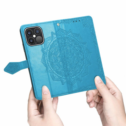 Mandala Flower Embossed Horizontal Flip Leather Case with Holder & Three Card Slots & Wallet & Lanyard For iPhone 13 Pro Max (Blue)-garmade.com