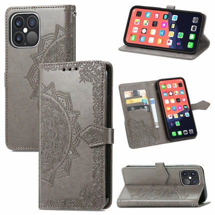 Mandala Flower Embossed Horizontal Flip Leather Case with Holder & Three Card Slots & Wallet & Lanyard For iPhone 13 Pro Max (Grey)-garmade.com