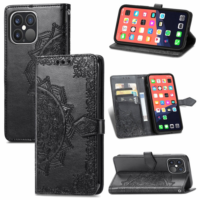 Mandala Flower Embossed Horizontal Flip Leather Case with Holder & Three Card Slots & Wallet & Lanyard For iPhone 13 Pro (Black)-garmade.com