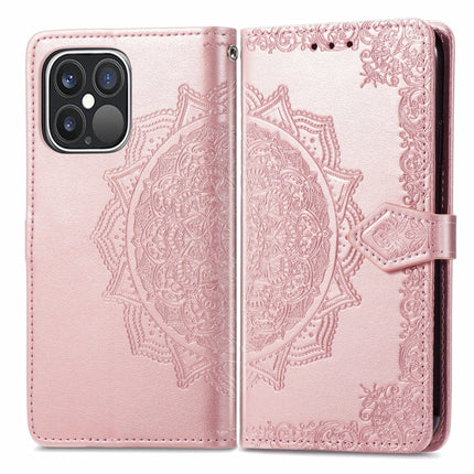 Mandala Flower Embossed Horizontal Flip Leather Case with Holder & Three Card Slots & Wallet & Lanyard For iPhone 13 Pro (Rose Gold)-garmade.com