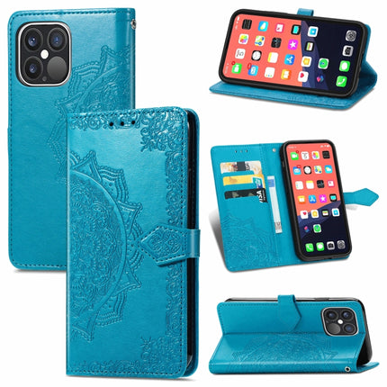 Mandala Flower Embossed Horizontal Flip Leather Case with Holder & Three Card Slots & Wallet & Lanyard For iPhone 13 Pro (Blue)-garmade.com