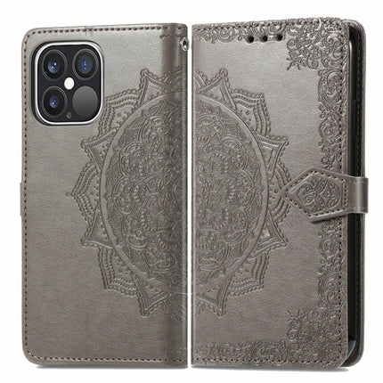 Mandala Flower Embossed Horizontal Flip Leather Case with Holder & Three Card Slots & Wallet & Lanyard For iPhone 13 Pro (Grey)-garmade.com