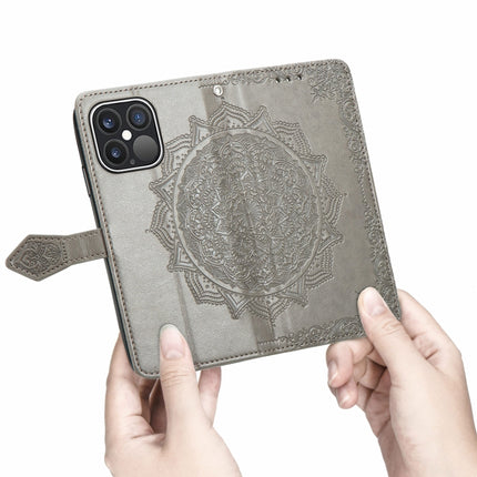 Mandala Flower Embossed Horizontal Flip Leather Case with Holder & Three Card Slots & Wallet & Lanyard For iPhone 13 Pro (Grey)-garmade.com