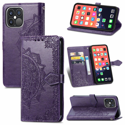 Mandala Flower Embossed Horizontal Flip Leather Case with Holder & Three Card Slots & Wallet & Lanyard For iPhone 13 Pro (Purple)-garmade.com