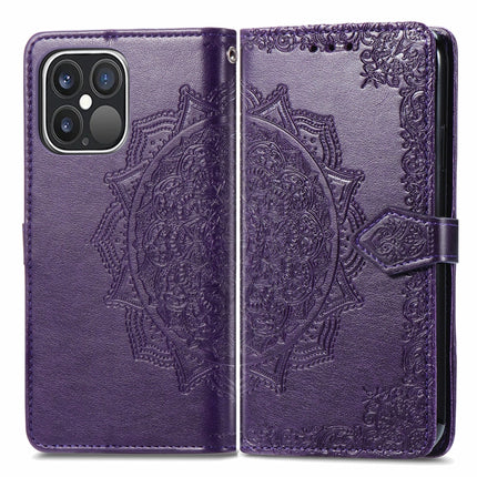 Mandala Flower Embossed Horizontal Flip Leather Case with Holder & Three Card Slots & Wallet & Lanyard For iPhone 13 Pro (Purple)-garmade.com