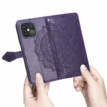 Mandala Flower Embossed Horizontal Flip Leather Case with Holder & Three Card Slots & Wallet & Lanyard For iPhone 13 Pro (Purple)-garmade.com