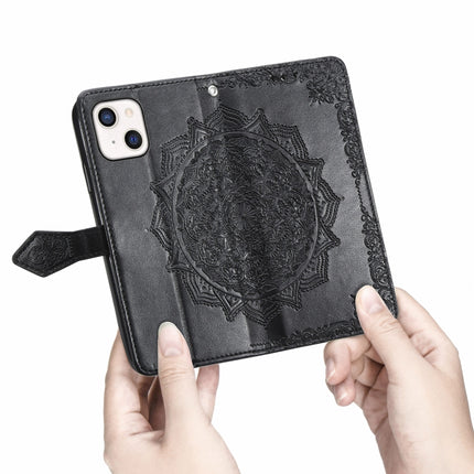 Mandala Flower Embossed Horizontal Flip Leather Case with Holder & Three Card Slots & Wallet & Lanyard For iPhone 13 (Black)-garmade.com