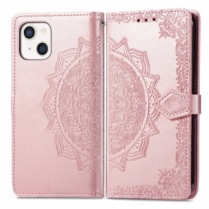 Mandala Flower Embossed Horizontal Flip Leather Case with Holder & Three Card Slots & Wallet & Lanyard For iPhone 13 (Rose Gold)-garmade.com