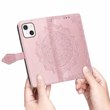 Mandala Flower Embossed Horizontal Flip Leather Case with Holder & Three Card Slots & Wallet & Lanyard For iPhone 13 (Rose Gold)-garmade.com