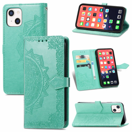 Mandala Flower Embossed Horizontal Flip Leather Case with Holder & Three Card Slots & Wallet & Lanyard For iPhone 13 (Green)-garmade.com