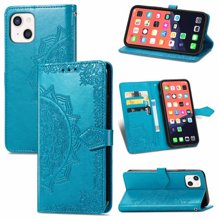 Mandala Flower Embossed Horizontal Flip Leather Case with Holder & Three Card Slots & Wallet & Lanyard For iPhone 13 (Blue)-garmade.com