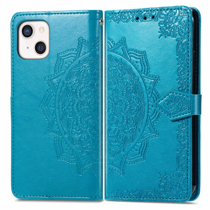 Mandala Flower Embossed Horizontal Flip Leather Case with Holder & Three Card Slots & Wallet & Lanyard For iPhone 13 (Blue)-garmade.com