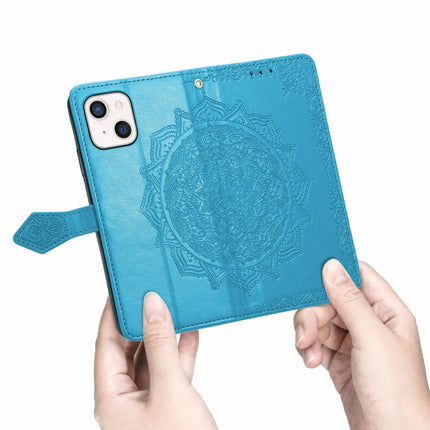 Mandala Flower Embossed Horizontal Flip Leather Case with Holder & Three Card Slots & Wallet & Lanyard For iPhone 13 (Blue)-garmade.com