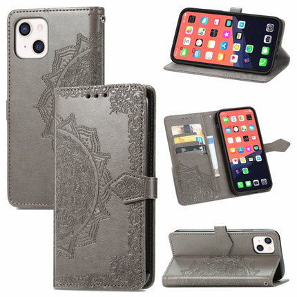 Mandala Flower Embossed Horizontal Flip Leather Case with Holder & Three Card Slots & Wallet & Lanyard For iPhone 13 (Grey)-garmade.com