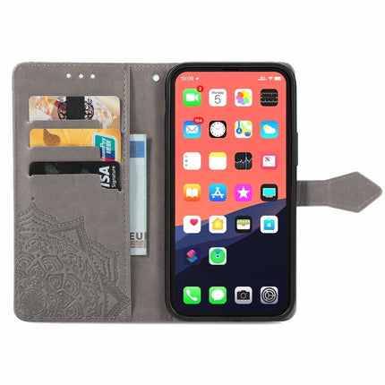 Mandala Flower Embossed Horizontal Flip Leather Case with Holder & Three Card Slots & Wallet & Lanyard For iPhone 13 (Grey)-garmade.com