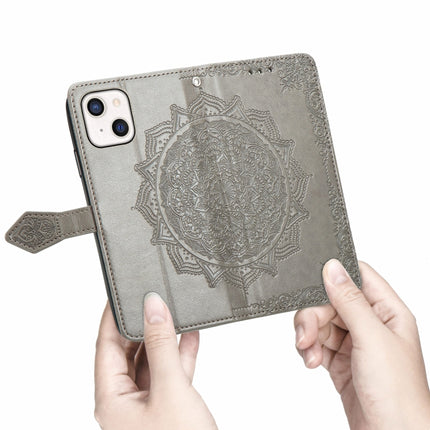 Mandala Flower Embossed Horizontal Flip Leather Case with Holder & Three Card Slots & Wallet & Lanyard For iPhone 13 (Grey)-garmade.com