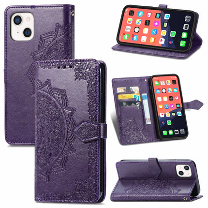 Mandala Flower Embossed Horizontal Flip Leather Case with Holder & Three Card Slots & Wallet & Lanyard For iPhone 13 (Purple)-garmade.com