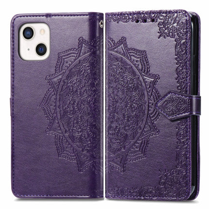 Mandala Flower Embossed Horizontal Flip Leather Case with Holder & Three Card Slots & Wallet & Lanyard For iPhone 13 (Purple)-garmade.com
