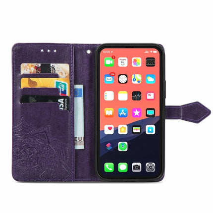 Mandala Flower Embossed Horizontal Flip Leather Case with Holder & Three Card Slots & Wallet & Lanyard For iPhone 13 (Purple)-garmade.com