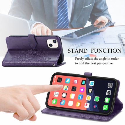 Mandala Flower Embossed Horizontal Flip Leather Case with Holder & Three Card Slots & Wallet & Lanyard For iPhone 13 (Purple)-garmade.com