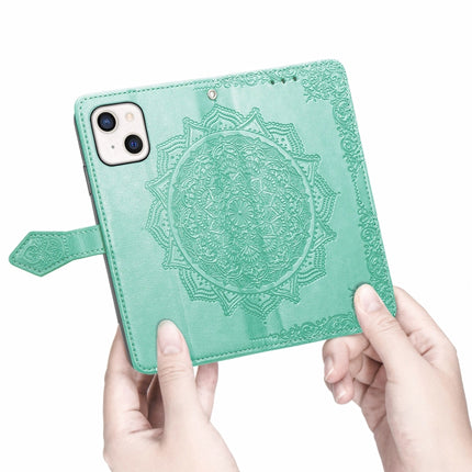 Mandala Flower Embossed Horizontal Flip Leather Case with Holder & Three Card Slots & Wallet & Lanyard For iPhone 13 mini (Green)-garmade.com