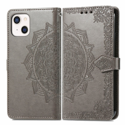 Mandala Flower Embossed Horizontal Flip Leather Case with Holder & Three Card Slots & Wallet & Lanyard For iPhone 13 mini (Grey)-garmade.com