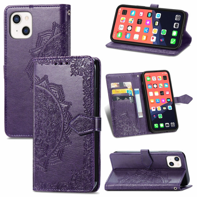 Mandala Flower Embossed Horizontal Flip Leather Case with Holder & Three Card Slots & Wallet & Lanyard For iPhone 13 mini (Purple)-garmade.com