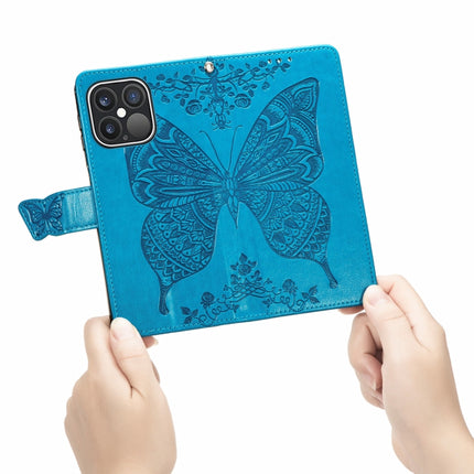 Butterfly Love Flower Embossed Horizontal Flip Leather Case with Bracket / Card Slot / Wallet / Lanyard For iPhone 13 Pro Max(Blue)-garmade.com