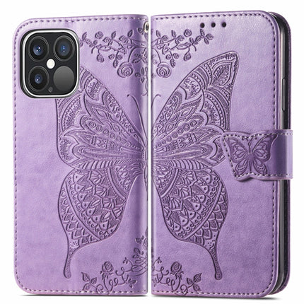 Butterfly Love Flower Embossed Horizontal Flip Leather Case with Bracket / Card Slot / Wallet / Lanyard For iPhone 13 Pro Max(Light Purple)-garmade.com