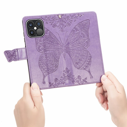 Butterfly Love Flower Embossed Horizontal Flip Leather Case with Bracket / Card Slot / Wallet / Lanyard For iPhone 13 Pro Max(Light Purple)-garmade.com