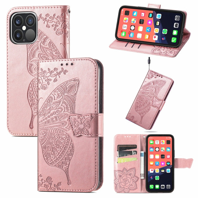 Butterfly Love Flower Embossed Horizontal Flip Leather Case with Bracket / Card Slot / Wallet / Lanyard For iPhone 13 Pro(Rose Gold)-garmade.com