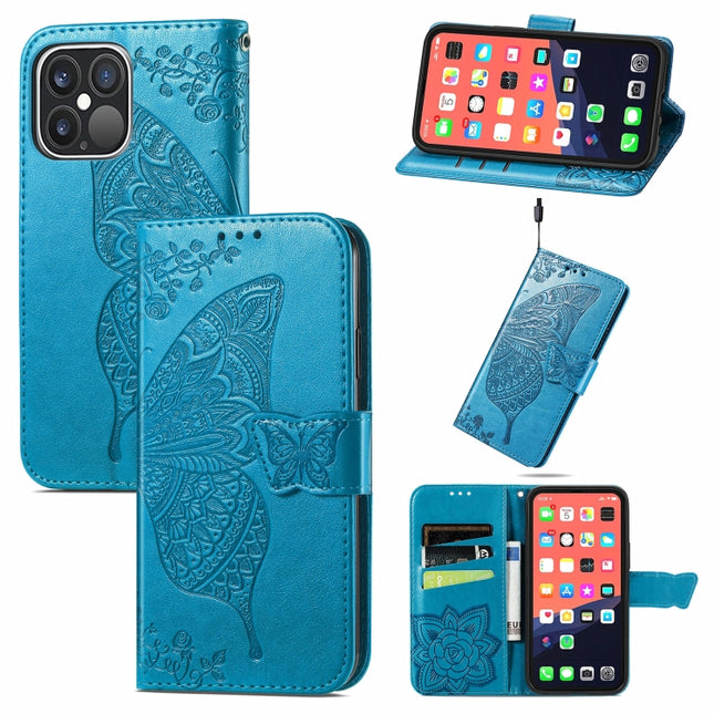 Butterfly Love Flower Embossed Horizontal Flip Leather Case with Bracket / Card Slot / Wallet / Lanyard For iPhone 13 Pro(Blue)-garmade.com