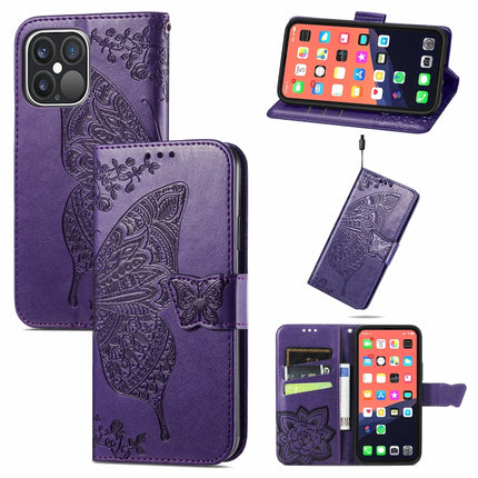 Butterfly Love Flower Embossed Horizontal Flip Leather Case with Bracket / Card Slot / Wallet / Lanyard For iPhone 13 Pro(Dark Purple)-garmade.com