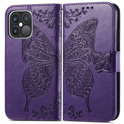 Butterfly Love Flower Embossed Horizontal Flip Leather Case with Bracket / Card Slot / Wallet / Lanyard For iPhone 13 Pro(Dark Purple)-garmade.com