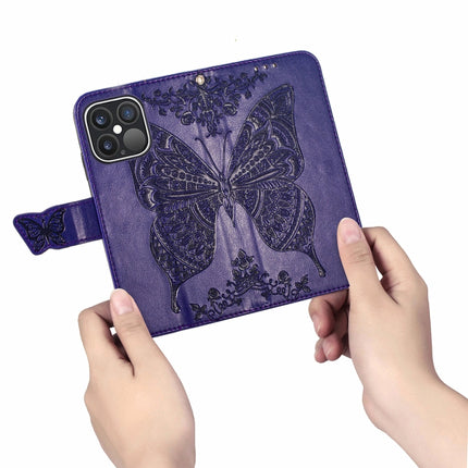 Butterfly Love Flower Embossed Horizontal Flip Leather Case with Bracket / Card Slot / Wallet / Lanyard For iPhone 13 Pro(Dark Purple)-garmade.com