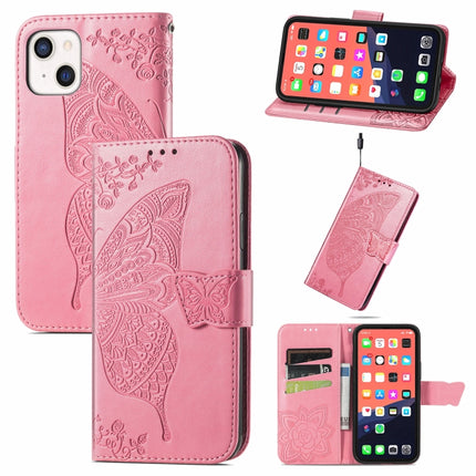 Butterfly Love Flower Embossed Horizontal Flip Leather Case with Bracket / Card Slot / Wallet / Lanyard For iPhone 13(Pink)-garmade.com