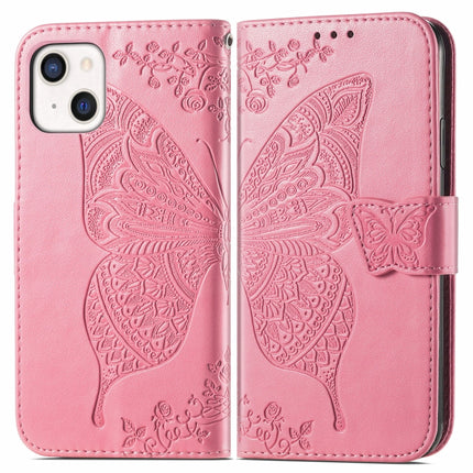 Butterfly Love Flower Embossed Horizontal Flip Leather Case with Bracket / Card Slot / Wallet / Lanyard For iPhone 13(Pink)-garmade.com