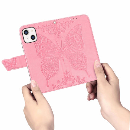 Butterfly Love Flower Embossed Horizontal Flip Leather Case with Bracket / Card Slot / Wallet / Lanyard For iPhone 13(Pink)-garmade.com