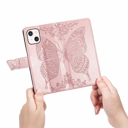 Butterfly Love Flower Embossed Horizontal Flip Leather Case with Bracket / Card Slot / Wallet / Lanyard For iPhone 13(Rose Gold)-garmade.com