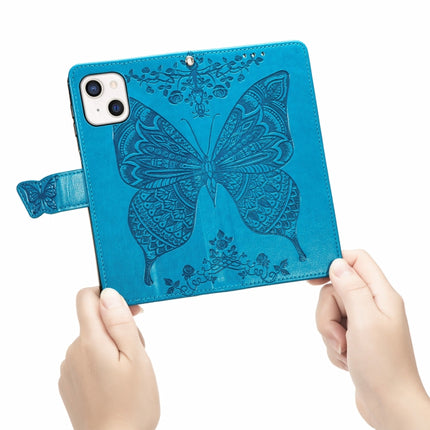 Butterfly Love Flower Embossed Horizontal Flip Leather Case with Bracket / Card Slot / Wallet / Lanyard For iPhone 13(Blue)-garmade.com